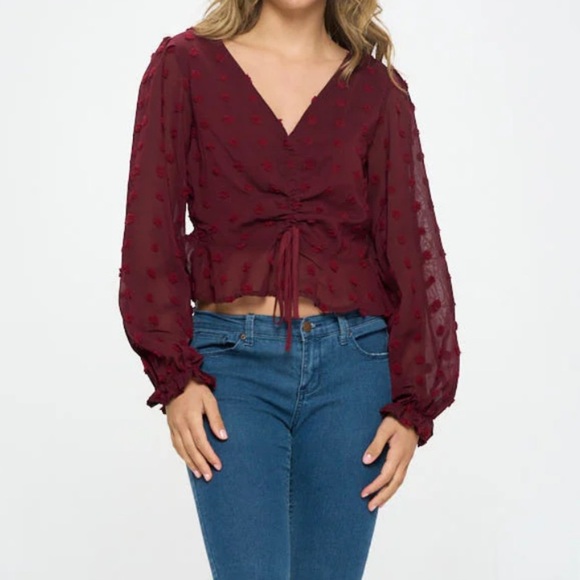 She + Sky Boho Blouse Womens Medium Burgundy Puff Long Sleeve Ruched Swiss Dot - Picture 2 of 8